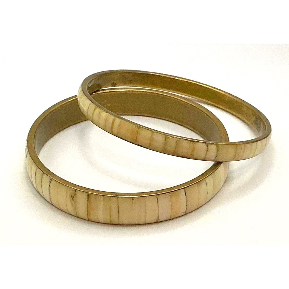 Vintage Brass Tone Bangle Bracelets Set of 2 with Cream Stone Inlay